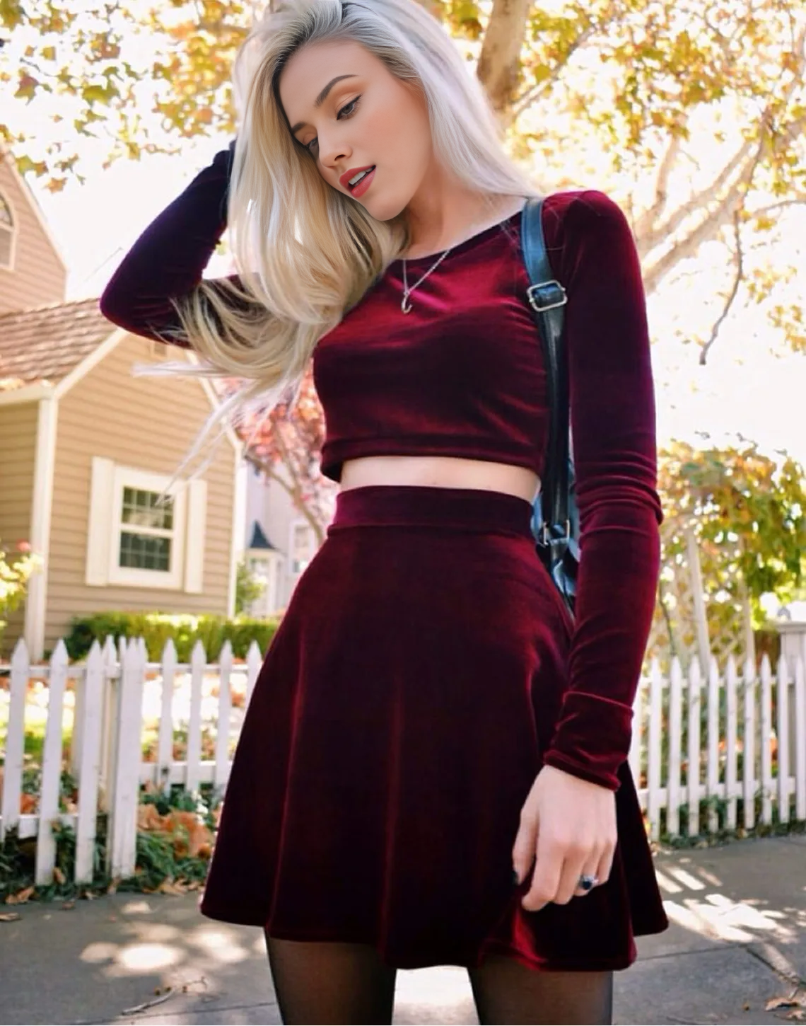 Two Piece Set Long Sleeve Homecoming Dress Velvet Dress Burgundy Cutout Waist Evening Dress